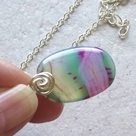 Pastel & Two Toned Agate Pendant + 19+3" Chain - Feminine Chic Boho Trendy OOAK - Picture 5 of 7